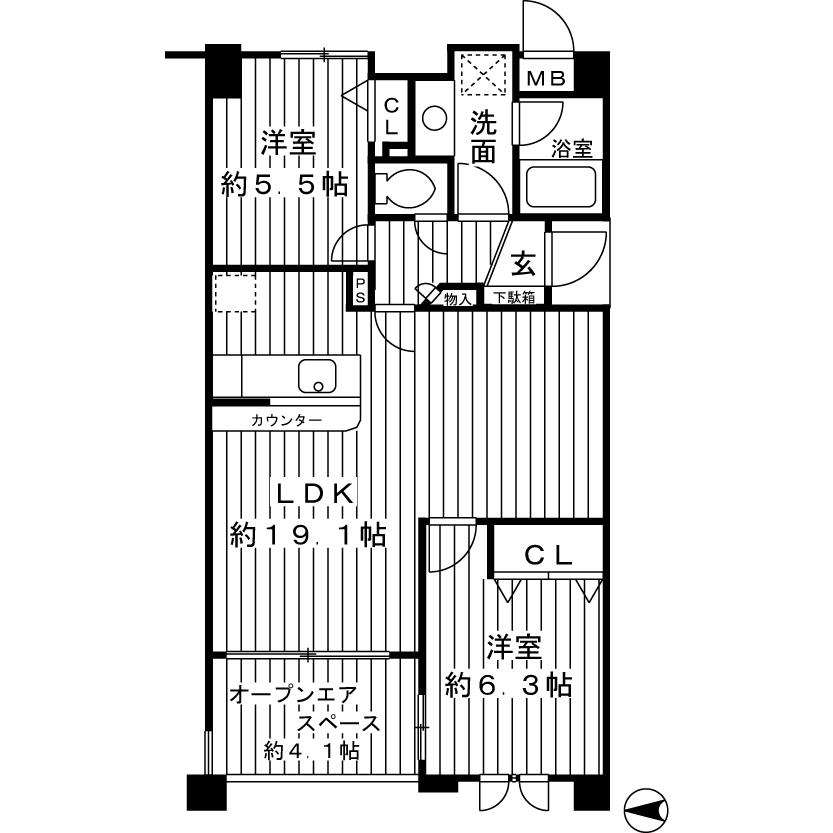 Floor plan. 2LDK, Price 34,200,000 yen, Footprint 65.3 sq m , Balcony area 6.8 sq m spacious 2LDK