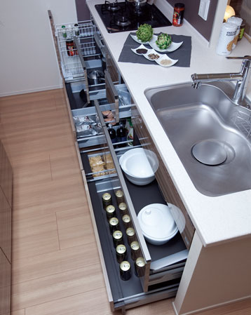 Kitchen.  [Slide cabinet] Deep in the wide, Also we have established a slide cabinet that can be out on the smooth, such as large-size cookware. (Except for some)