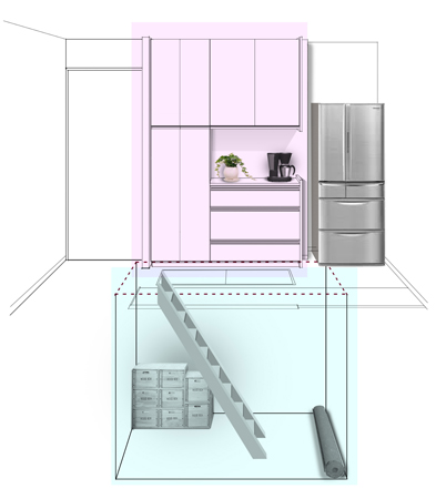 Room and equipment. When you get off the stairs from the floor of the kitchen, There is the "under-floor storage" which was spacious and is. Height 1.35m, Width 1.8m, Since the depth of 2.7m, Well as other bits and pieces of kitchen supplies, Until the tool of things and hobbies of the season, You can store a lot of things.  ※ The first floor dwelling unit (conceptual diagram)
