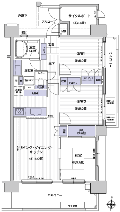 Floor: 3LDK + cycle port, the area occupied: 76.46 sq m