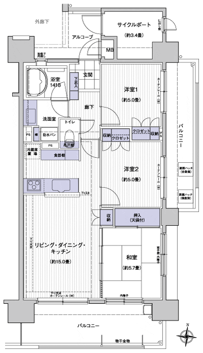 Floor: 3LDK + cycle port, the area occupied: 73.16 sq m
