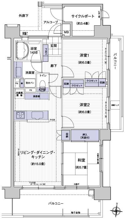 Floor: 3LDK + cycle port, the area occupied: 76.46 sq m