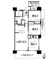 Floor: 3LDK + cycle port, the area occupied: 76.46 sq m