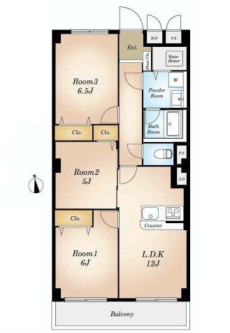 Floor plan. 3LDK, Price 31,980,000 yen, Occupied area 64.32 sq m , Balcony area 7.89 sq m Floor