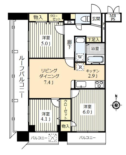 Floor plan. 3LDK, Price 29 million yen, Footprint 59.1 sq m , Balcony area 18.36 sq m