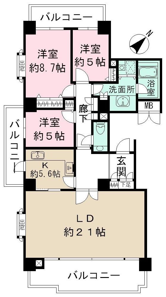 Floor plan. 3LDK, Price 59,800,000 yen, Footprint 107.06 sq m , Balcony area 27.01 sq m