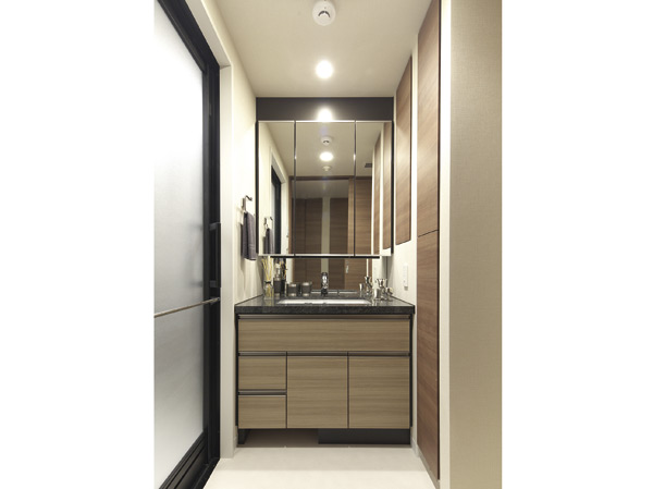 Bathing-wash room.  [Powder Room] Excellent design, Easy to use, Care ・ Cleaning is also simple wash room. Abundantly ensure the storage space to the counter and space which adopted the upscale natural stone can be kept and refreshing.  ※ In the apartment gallery, Powder room of the equipment can be confirmed. (The room is different from the one of this sale)