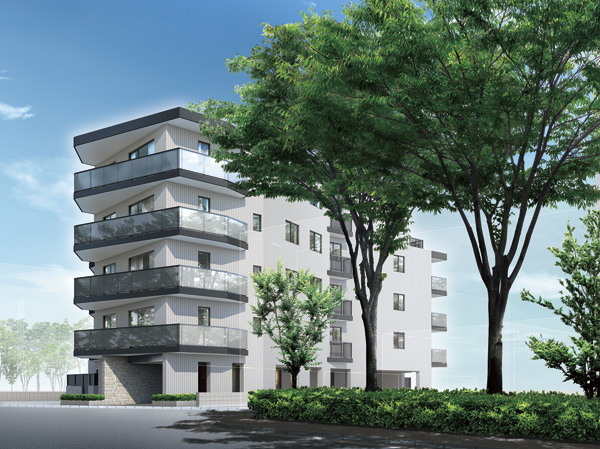 Buildings and facilities. Stylish exterior design the ash system of tile in Sharp, which is based in, Also in harmony with this town, It represents the urban and sophisticated beauty. (Exterior - Rendering / In fact a somewhat different in the things that caused draw based on the drawings of the planning stage. It should be noted, Planting does not represent the status of a particular season. or, Tree species of planting, About the size has become a undetermined, At the time of completion, It is about Rendering does not grow. Around the building has been omitted)