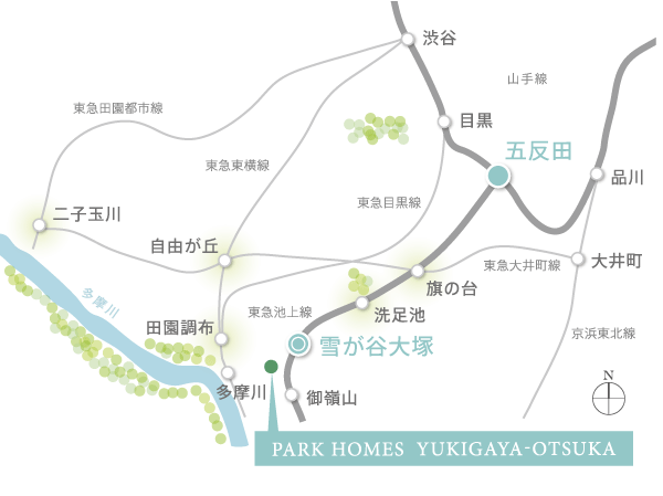 Surrounding environment. Station of origin "Yukigayaotsuka" 13 minutes from the station to "Gotanda" station, 18 minutes to "Shinagawa" station, 20 minutes to the "Shibuya" station, Lightly approach to the city each area. 5 at the time of commuting ~ Because one of the first train in 11 minutes, Sitting commuting also possible. Also, The shorter commuting time, You can have a lot of their time. (Area conceptual diagram)