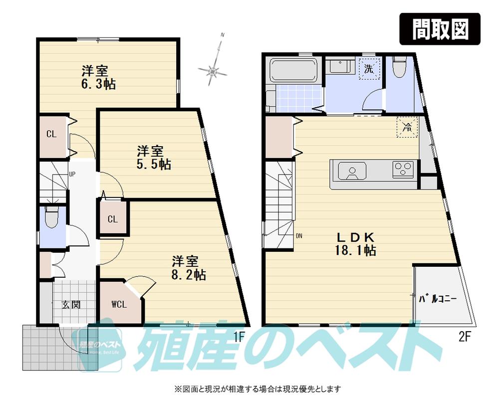 Floor plan. (3 Building), Price 56,800,000 yen, 3LDK, Land area 97.1 sq m , Building area 88.31 sq m