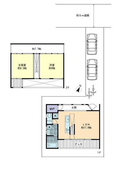 Floor plan. 89 million yen, 2LDK, Land area 111.15 sq m , Building area 91.54 sq m space to put two cars and bicycles cars will have been secured.