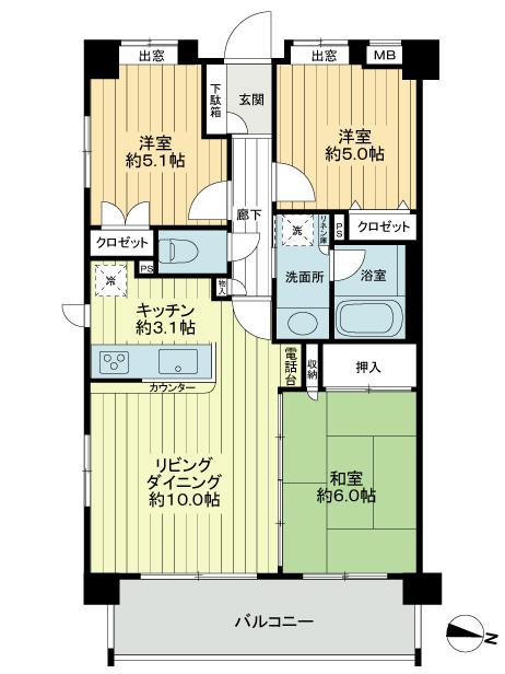 Floor plan. 3LDK, Price 34,800,000 yen, Occupied area 64.65 sq m , Balcony area 9.72 sq m Entrance Hall