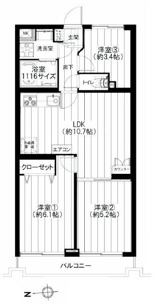 Floor plan. 3LDK, Price 27,900,000 yen, Occupied area 54.59 sq m , Balcony area 5.3 sq m
