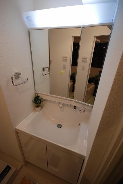 Wash basin, toilet. Three-sided mirror.