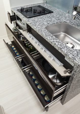 Kitchen.  [Slide storage] Housing is equipped with a soft-close feature that close quietly with one cushion just before closing the drawer.