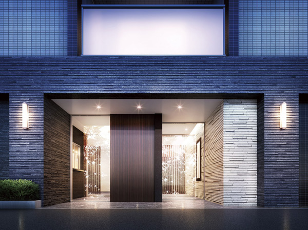 Shared facilities.  [entrance] Entrance side and appearance of the matte tiles, We give create a presence that pillar has settled down of exposed concrete was transferred cedar plate. (Rendering)