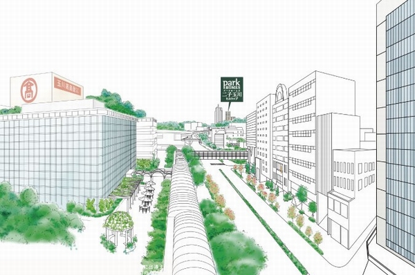 Futakotamagawa Station main street around the concept illustrations. There ahead of this road is the <Park Homes Futakotamagawa Hilltop>. ※ Height and distance of the building, Positional relationship, Difference in height of the land is slightly different actual and