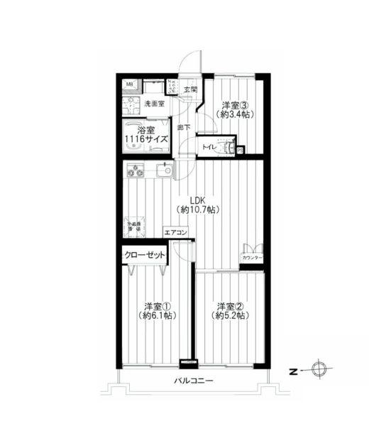 Floor plan. 3LDK, Price 27,900,000 yen, Occupied area 54.59 sq m , Balcony area 5.3 sq m