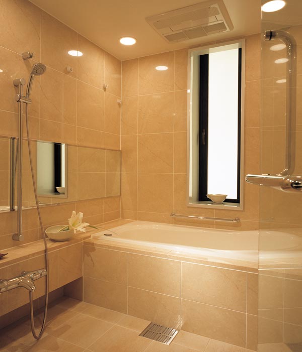 Bathing-wash room.  [Large tiled bathroom] I want to most clean, Dirt easy to most. Part and the idea of ​​such water around also room, While sticking to the material, Has become a made with enhanced aesthetics.