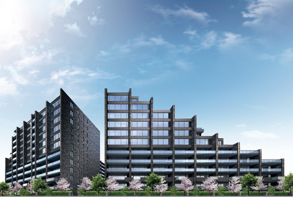 Features of the building.  [Dignified appearance design towering Hill top of the south slope] Imposing silhouette towering Hill top of the south slope, The lower floors in the horizontal direction ・ Middle floor ・ Has become a facade is a deep with a change in the gradient of the upper floors of a three-layer. Nichogake split skin tiles of purple gray to argue the texture. And played the contrast is sophisticated and profound feeling of the glass, It will be increased conspicuously the rooftops of landscape. (Rendering)