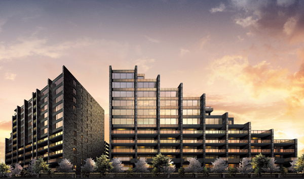 Buildings and facilities. Faced a vast courtyard <Grand Hills Sangenjaya HILL TOP GARDEN>. Purple gray Nichogake split skin tiles and glass of contrast is beautiful facade to claim the texture. (Rendering)