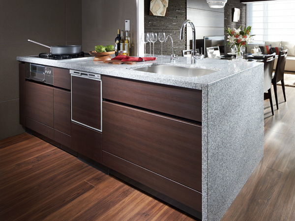 Kitchen.  [kitchen] The top plate and the sleeve wall, And natural stone top plate of the feeling of luxury granite, It has adopted an integrated counter.  ※ Indoor photo model Room B-D2 type of listed below ・ Which was taken menu plan 1 (paid), Some will include the option (paid).  ※ Menu plan, Option application deadline Yes