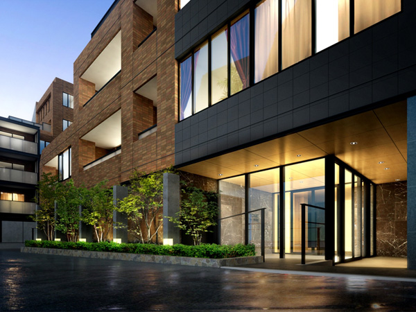 Shared facilities.  ["The ・ Brights "Entrance Rendering] South tower facing the Akirayaku as "The ・ Entrance of Brights "is, Live was distinctly claimed only of the private area people, Produce a calm atmosphere. While drawing a smart design as an image of the glass of the showcase, It arranged spacious approach and heavy large pillar of natural stone in the entrance front, At the corner of the small-diameter cross to be Akira drugs Street and residential area layout. Even while Ikizuka the appropriate sophisticated sensibility to this land, It has created a quiet appearance went one step from the street.