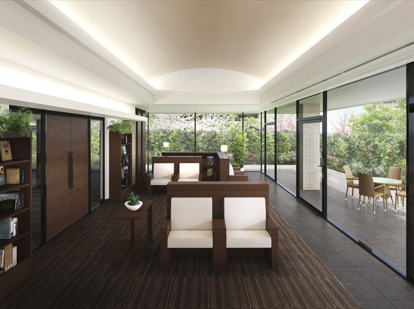 Shared facilities.  [Nurture the nature of the exchange and people "Clubhouse"] Only because the big town of scale, A facility that can be a lot of people gather. "Club House" is also light and wind to any space, It is design to be fused with a garden landscape, such as weaves actively uptake cherry and zelkova the green. It increases the sensitivity of children to grow up in this town, Exchanges with beautiful scenery and a lot of people. In the same way as the tree to deepen the flavor polished to Years' s, It will continue to be nurtured in a more deeply peaceful ties of people. (Library salon Rendering)