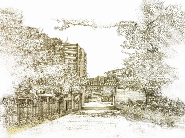 Exterior Illustration ( ※ In fact a somewhat different in those drawn on the basis of the drawings of the planning stage. It may also be a change in the future. It should be noted that details ・ Equipment ・ Piping, etc., it has some omitted or simplified. Planting is not grow to about illustration at the time of completion, rather than those that have been expressed a particular season. The real thing and texture with regard to the tile and various member ・ Appearance may be slightly different, such as color)