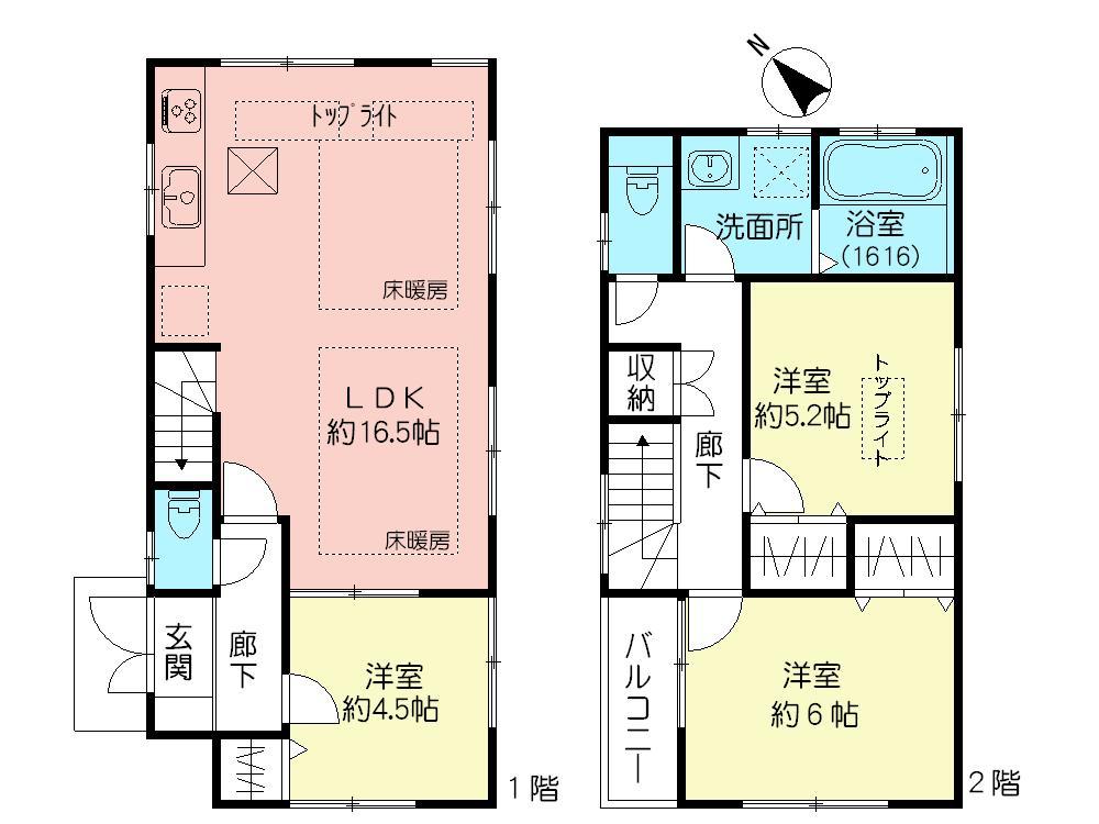 Floor plan. (Building 2), Price 58,800,000 yen, 3LDK, Land area 97.36 sq m , Building area 79.49 sq m
