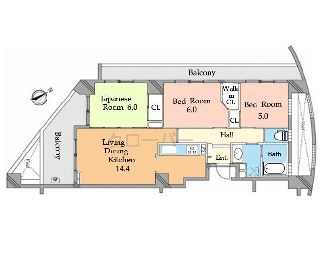 Floor plan. 3LDK, Price 54,800,000 yen, Occupied area 71.09 sq m , Balcony area 21.44 sq m
