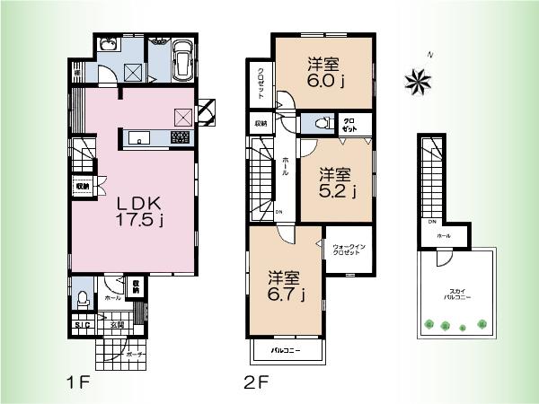 Floor plan. (Building 2), Price 49,800,000 yen, 3LDK, Land area 100.95 sq m , Building area 93.76 sq m