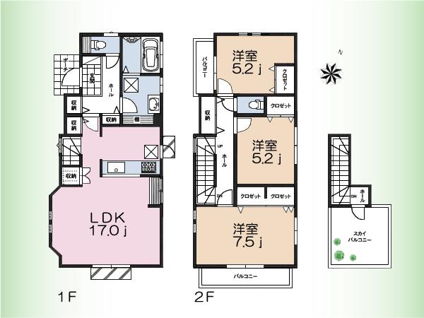 Floor plan. (1 Building), Price 51,800,000 yen, 3LDK, Land area 108.13 sq m , Building area 94.17 sq m