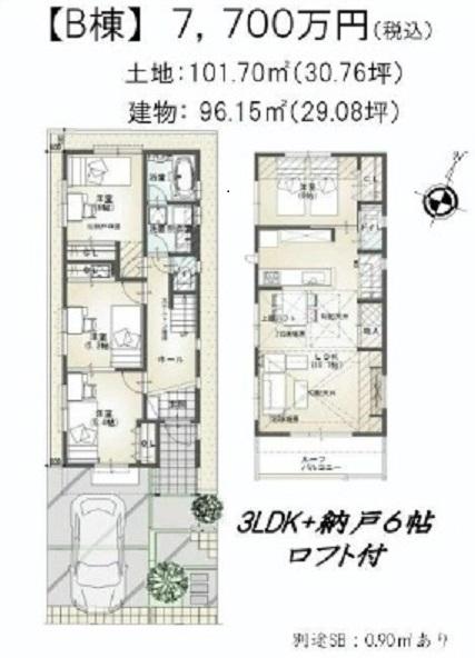 Floor plan. (B), Price 77 million yen, 3LDK+S, Land area 101.7 sq m , Building area 96.15 sq m