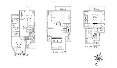 Floor plan. (3 Building), Price 54,900,000 yen, 4LDK, Land area 94.42 sq m , Building area 98.87 sq m