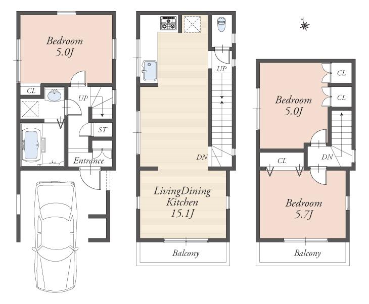 Building plan example (floor plan). Building plan example (A) 3LDK, Land price 40,100,000 yen, Land area 49.14 sq m , Building price 14.7 million yen, Building area 71.63 sq m