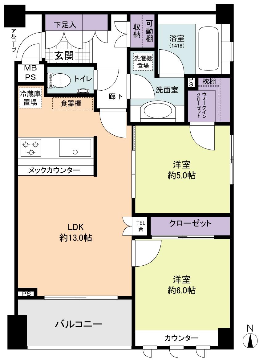 Floor plan. 2LDK, Price 43,800,000 yen, Footprint 58.4 sq m , Balcony area 4.37 sq m   ☆ 2LDK of southeast angle room