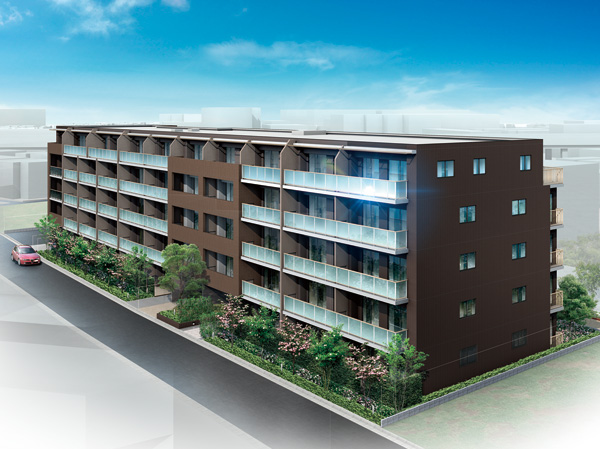 Buildings and facilities. Spread calm street, Setagaya of standing in the simple form of the ground five floors to blend seamlessly in a residential area <Century Osan Chitose>. And the elegant tone of the tile, Urban form wrapped in glass of the balcony handrail, Many of planting that is disposed so as to surround the site.  The contrast will produce a beautiful appearance. (Exterior view)