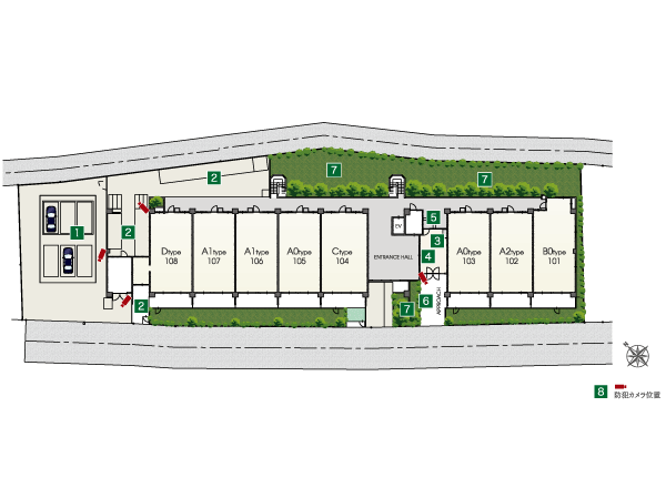 Buildings and facilities. (1) on-site parking (2) Bike storage (3) Delivery Box (4) auto-lock system (5) e-mail box (6) Entrance approach (7) planting (8) security camera (site layout)