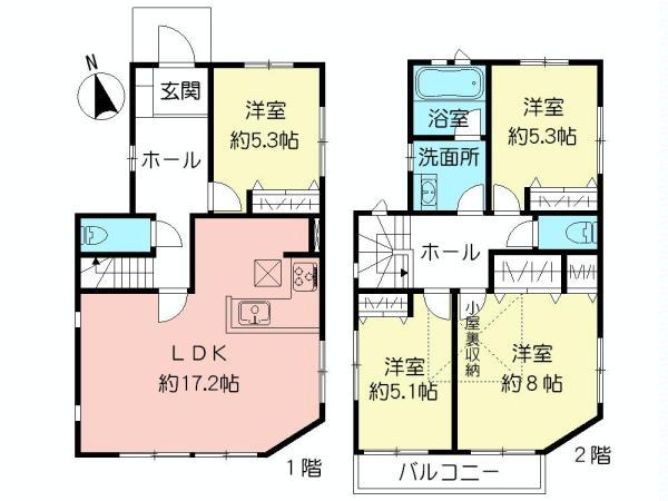 Floor plan. (Building 2), Price 77,800,000 yen, 4LDK, Land area 133.74 sq m , Building area 101.13 sq m