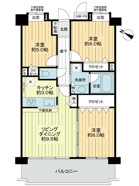 Floor plan. 3LDK, Price 44,800,000 yen, Occupied area 65.32 sq m , Balcony area 11.85 sq m