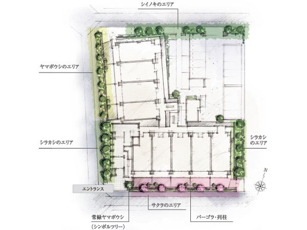 Shared facilities.  [Tree charm the beautiful scenery throughout the year 's] Taking advantage of the three-way has been opened on site, South ・ Plan the distribution wing of the L-shaped overlooking the west. Accompanied by a symbol tree in the entrance of the southwest angle, Impress the dignity to come and go people are looking for <attractive design>. (Site layout shown in the illustration)
