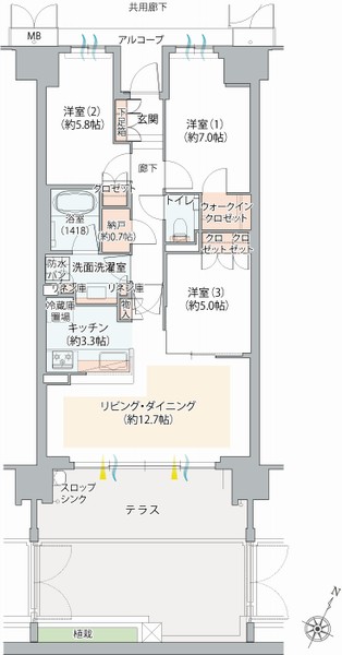 75It type ・ 3LDK + WIC + N footprint / 75.05 sq m terrace area (planted including 栽部 min) / 32.91 sq m alcove area / 4.74 sq m  ※ WIC = walk-in closet,  SIC = shoes closet, N = storeroom