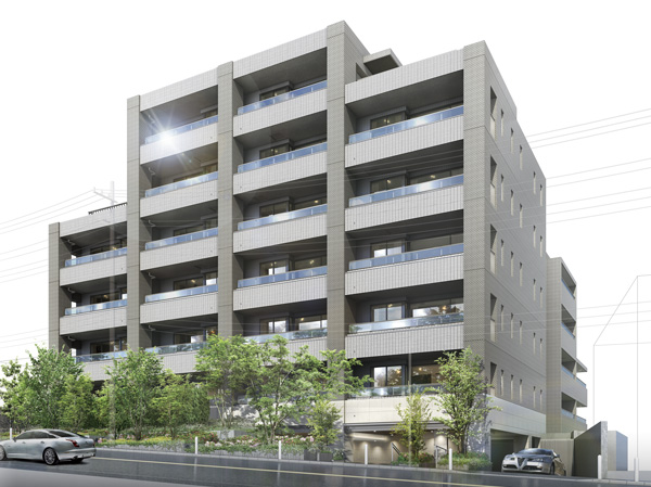 Buildings and facilities. Exterior design in pursuit of neat beauty, Color ring of bright impression of color-coded the same color of the material with a sense of quality in the two-tone. Vertical lines and horizontal lines to represent a well-balanced profound feeling and light feeling, It has extended the individuality of each dwelling unit. (Exterior view)