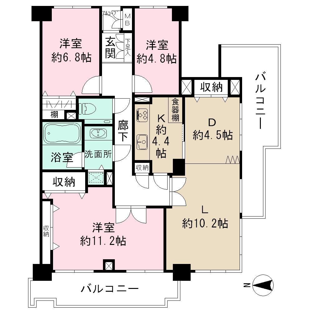 Floor plan. 3LDK, Price 118 million yen, Occupied area 93.37 sq m , It has become a spacious Mato balcony area 19.2 sq m footprint 93.37 sq m. Living dining, For the south-facing, Good is per yang.