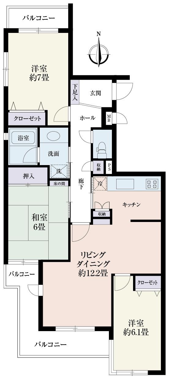 Floor plan. 3LDK, Price 48,500,000 yen, Occupied area 82.25 sq m , Balcony area 12.64 sq m
