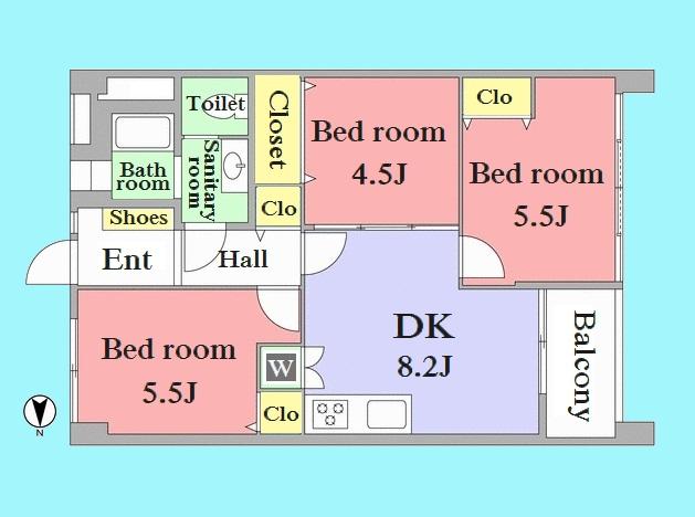 Floor plan. 3DK, Price 22,980,000 yen, Occupied area 59.22 sq m , Balcony area 3.91 sq m