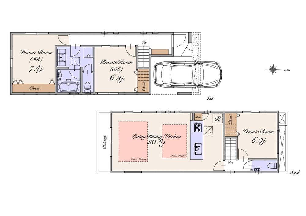 Floor plan. (Building 2), Price 64,800,000 yen, 1LDK+2S, Land area 91.93 sq m , Building area 104.26 sq m