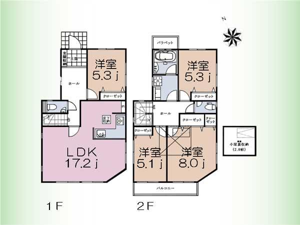 Floor plan. (3 Building), Price 74,800,000 yen, 4LDK, Land area 128.16 sq m , Building area 100.04 sq m