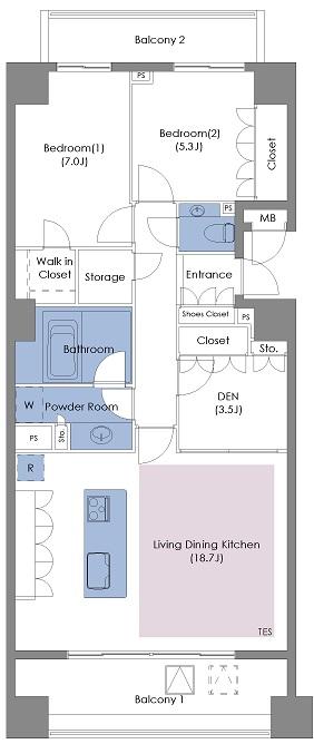 Floor plan. 2LDK, Price 72,800,000 yen, Occupied area 83.66 sq m , Balcony area 11.52 sq m